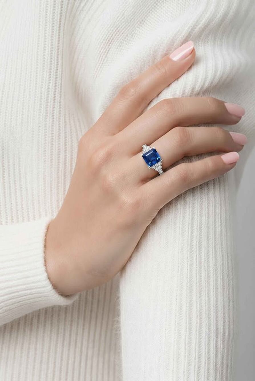 Blue Gemstone Ring Silver Tone. Size 8